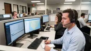 A fleet claims intake specialist wearing a headset to capture fast, accurate first notice of loss accident reports for fleet operators.