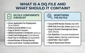 Infographic checklist showing mandatory DQ file components and MVR monitoring requirements for FMCSA compliance.
