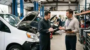 A claims adjuster and repair estimator discussing insurance approvals and repair estimates for a damaged fleet van, showing how claims control the timeline.