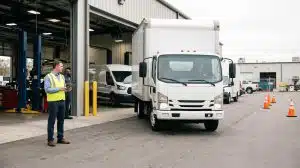 A fleet supervisor holding a tablet to check out a repaired white commercial box truck as it exits a service bay to reduce vehicle downtime.