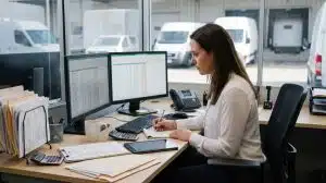 A fleet manager tracking administrative and unrecovered accident downtime costs on spreadsheets in an office overlooking parked vans.